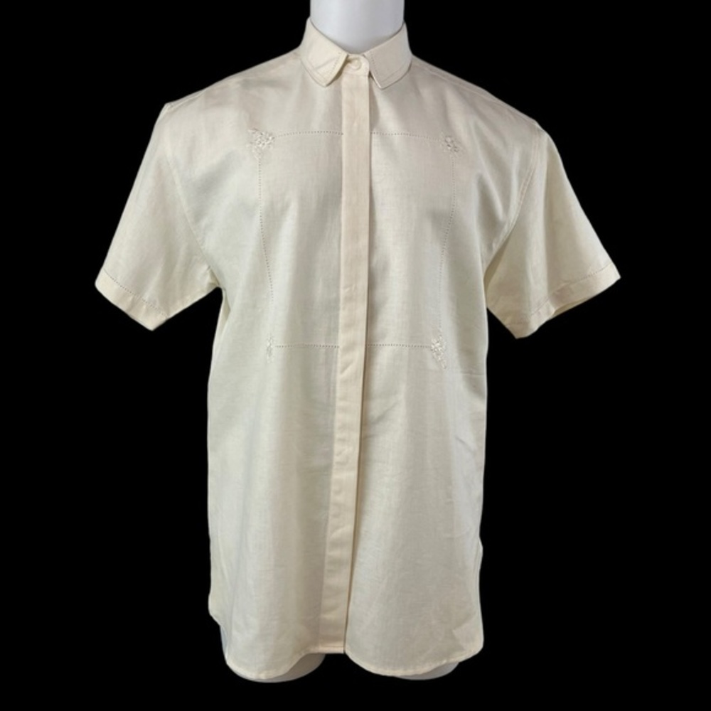 Woolrich Button-Up Shirt Women's Size L Cream Short Sleeve Collared (307)